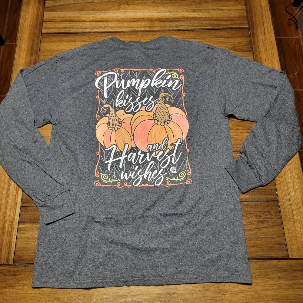 Girlie Girl Originals LS Grey Fall Tee "Pumpkin Kisses..." - Size Large